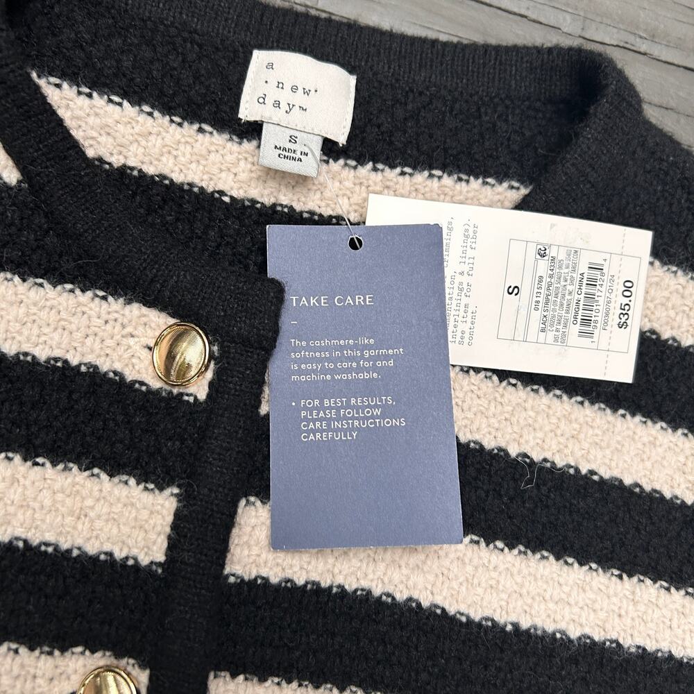 A New Day Lady Cardigan Small Black Cream Stripe Gold Buttons NWT Preppy - Picture 3 of 7